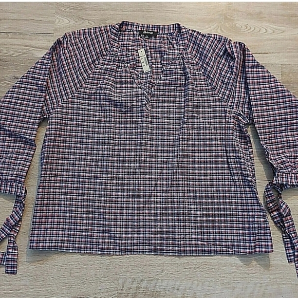 NWT Madewell 3/4 Length Tie-Sleeve Popover Top in Whitby Red White Blue Plaid XL - Picture 3 of 9